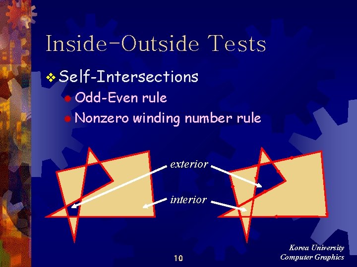 Inside-Outside Tests v Self-Intersections ® Odd-Even rule ® Nonzero winding number rule exterior interior Inside-Outside Tests v Self-Intersections ® Odd-Even rule ® Nonzero winding number rule exterior interior