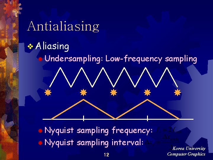 Antialiasing v Aliasing ® Undersampling: Low-frequency sampling ® Nyquist sampling frequency: ® Nyquist sampling Antialiasing v Aliasing ® Undersampling: Low-frequency sampling ® Nyquist sampling frequency: ® Nyquist sampling