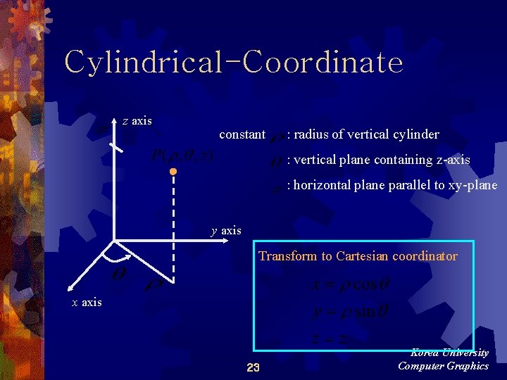 Cylindrical-Coordinate z axis constant : radius of vertical cylinder : vertical plane containing z-axis Cylindrical-Coordinate z axis constant : radius of vertical cylinder : vertical plane containing z-axis