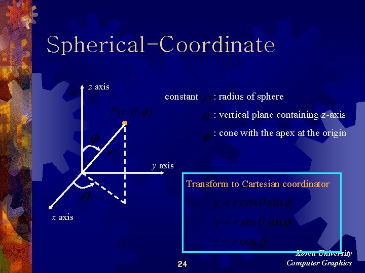 Spherical-Coordinate z axis constant : radius of sphere : vertical plane containing z-axis : Spherical-Coordinate z axis constant : radius of sphere : vertical plane containing z-axis :