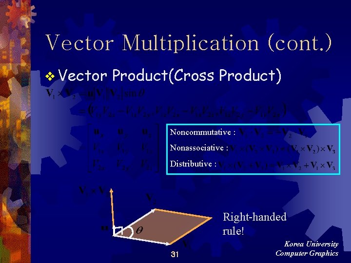 Vector Multiplication (cont. ) v Vector Product(Cross Product) Noncommutative : Nonassociative : Distributive : Vector Multiplication (cont. ) v Vector Product(Cross Product) Noncommutative : Nonassociative : Distributive :