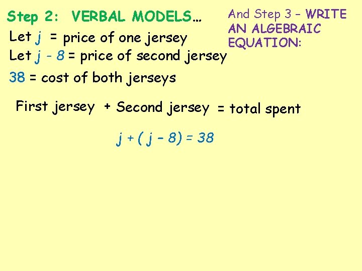 And Step 3 – WRITE Step 2: VERBAL MODELS… AN ALGEBRAIC Let j =