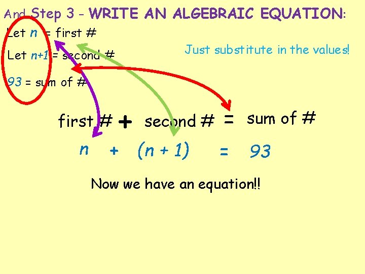 And Step 3 – WRITE AN ALGEBRAIC EQUATION: Let n = first # Just