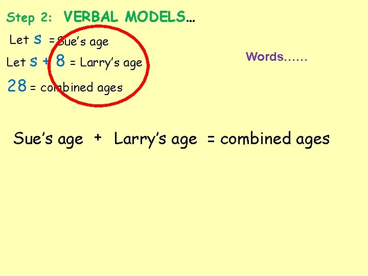 Step 2: VERBAL MODELS… s =Sue’s age Let s + 8 = Larry’s age