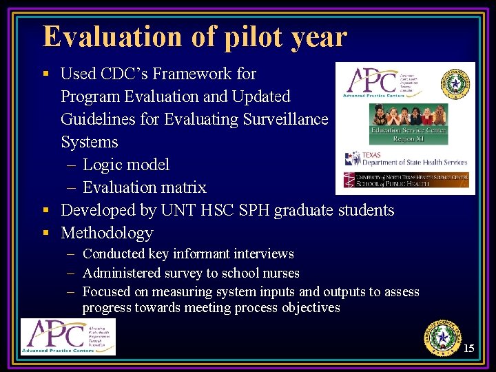 Evaluation of pilot year § Used CDC’s Framework for Program Evaluation and Updated Guidelines