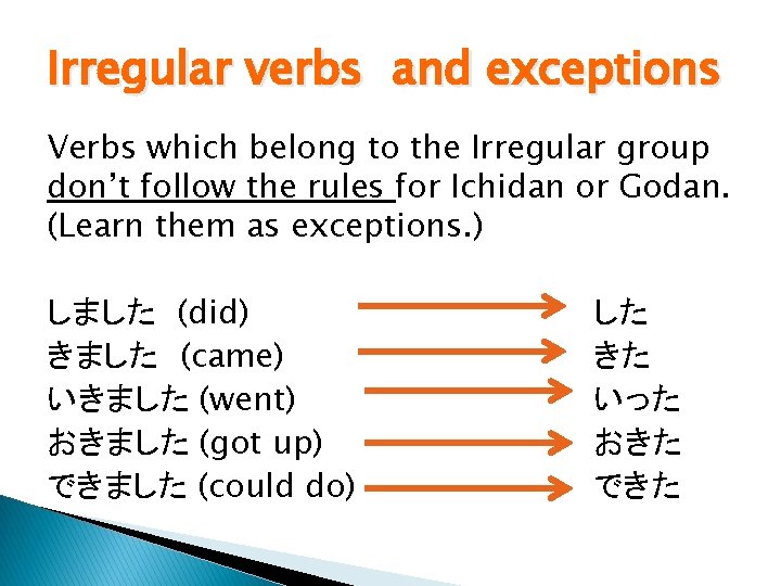 Irregular verbs　and exceptions Verbs which belong to the Irregular group don’t follow the rules