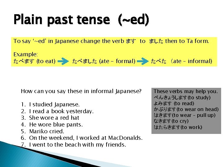 Plain past tense (~ed) To say ‘~ed’ in Japanese change the verb ます　to　ました then