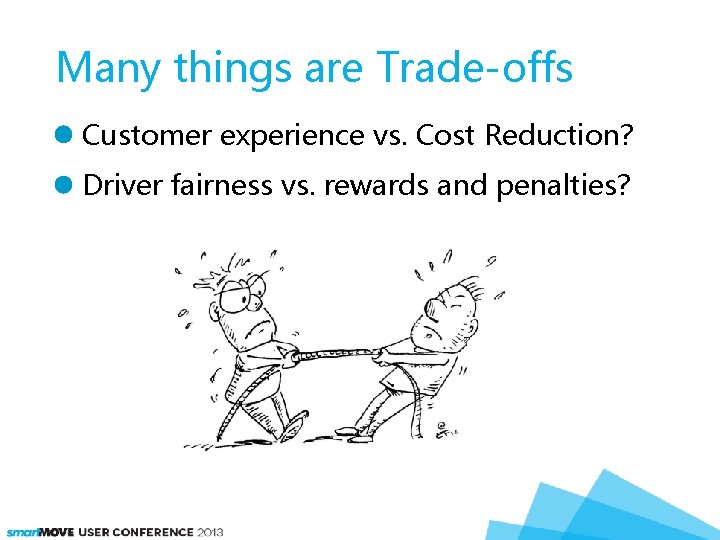 Many things are Trade-offs Customer experience vs. Cost Reduction? Driver fairness vs. rewards and