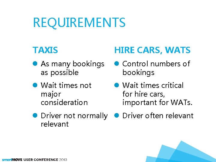 REQUIREMENTS TAXIS HIRE CARS, WATS As many bookings as possible Control numbers of bookings