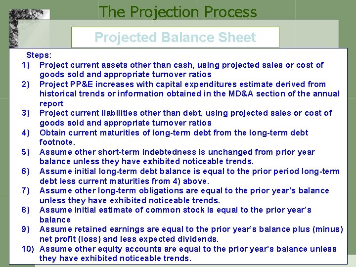 The Projection Process Projected Balance Sheet Steps: 1) Project current assets other than cash,