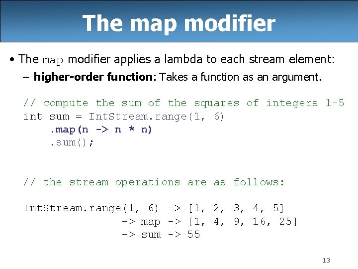 The map modifier • The map modifier applies a lambda to each stream element: