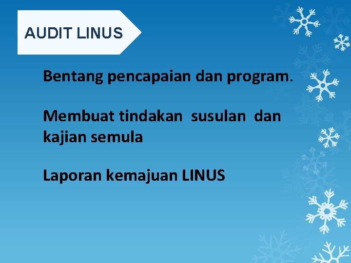 AUDIT LINUS Bentang pencapaian dan program. Membuat tindakan susulan dan kajian semula Laporan kemajuan