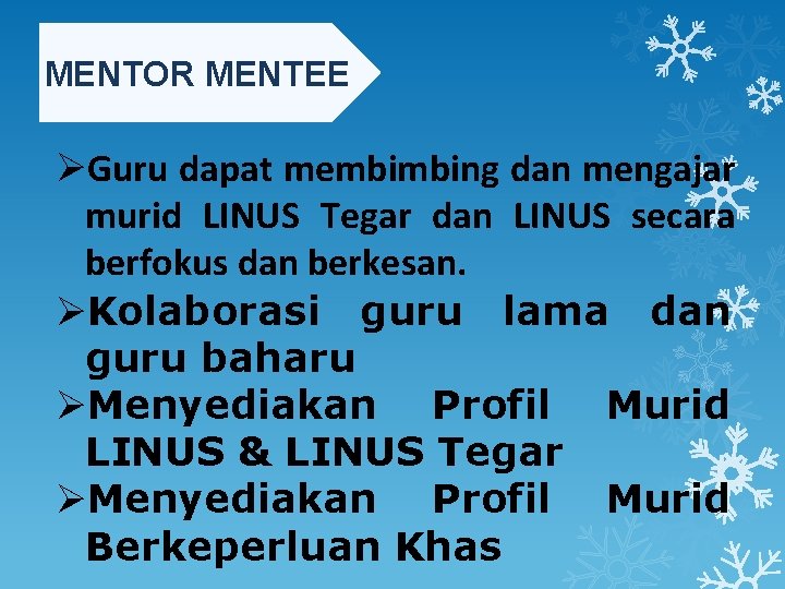 MENTOR MENTEE ØGuru dapat membimbing dan mengajar murid LINUS Tegar dan LINUS secara berfokus