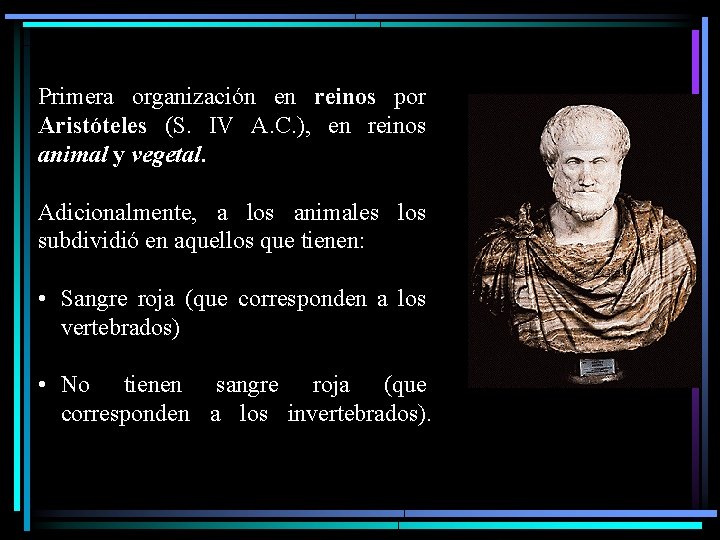 Primera organización en reinos por Aristóteles (S. IV A. C. ), en reinos animal