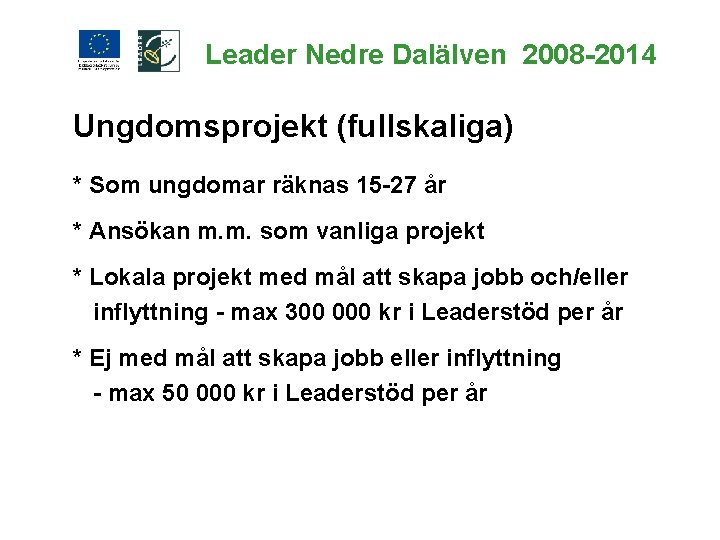 Leader Nedre Dalälven 2008 -2014 Ungdomsprojekt (fullskaliga) * Som ungdomar räknas 15 -27 år