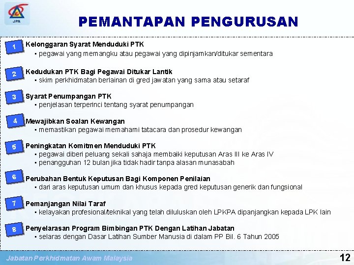 SPP PENGUBAHSUAIAN PENILAIAN TAHAP KECEKAPAN PEMANTAPAN PENGURUSAN 1. 1 Kelonggaran Syarat Menduduki PTK •