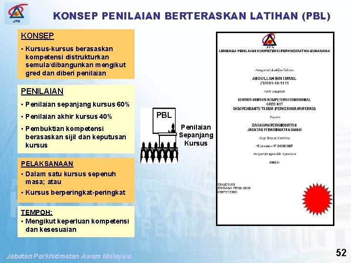 SPP PENGUBAHSUAIAN PENILAIAN TAHAP KECEKAPAN KONSEP PENILAIAN BERTERASKAN LATIHAN (PBL) KONSEP • Kursus-kursus berasaskan