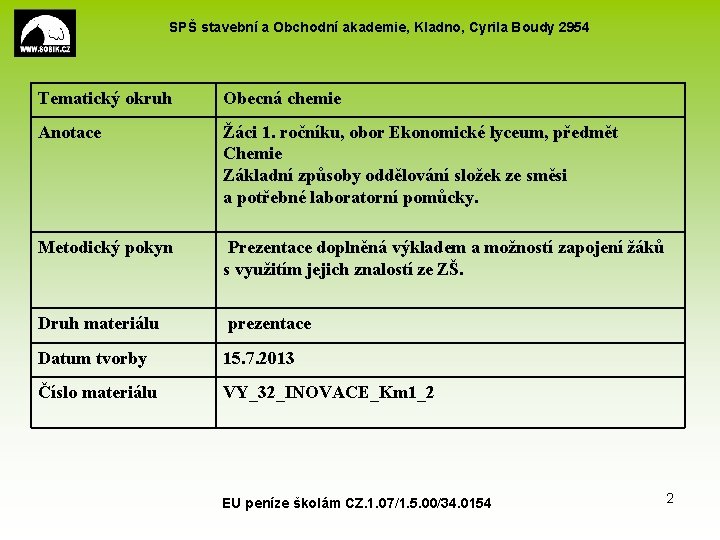 SPŠ stavební a Obchodní akademie, Kladno, Cyrila Boudy 2954 Tematický okruh Obecná chemie Anotace