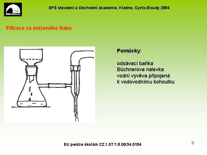 SPŠ stavební a Obchodní akademie, Kladno, Cyrila Boudy 2954 Filtrace za sníženého tlaku Pomůcky: