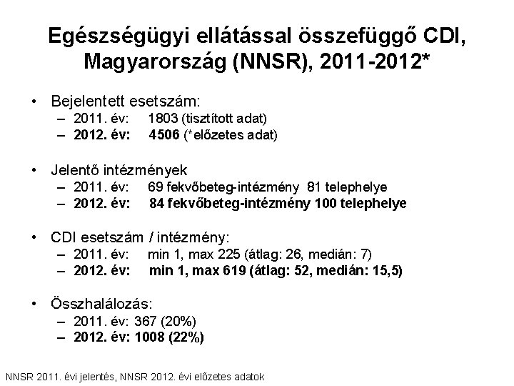 Egészségügyi ellátással összefüggő CDI, Magyarország (NNSR), 2011 -2012* • Bejelentett esetszám: – 2011. év: