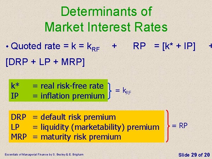 Determinants of Market Interest Rates • Quoted rate = k. RF + RP =