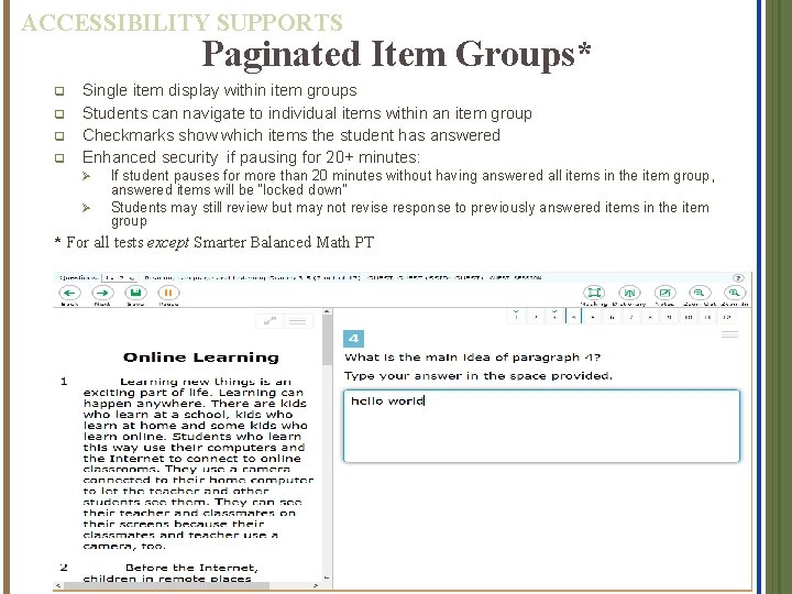 ACCESSIBILITY SUPPORTS Paginated Item Groups* q q Single item display within item groups Students