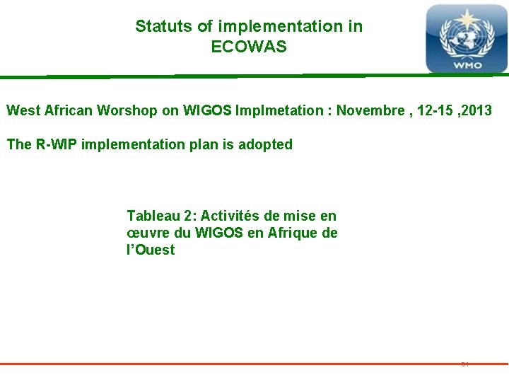 Statuts of implementation in ECOWAS West African Worshop on WIGOS Implmetation : Novembre ,