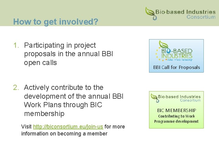 How to get involved? 1. Participating in project proposals in the annual BBI open