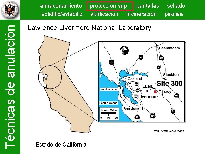 Técnicas de anulación almacenamiento solidific/estabiliz protección sup. pantallas sellado vitrificación incineración pirolisis Lawrence Livermore