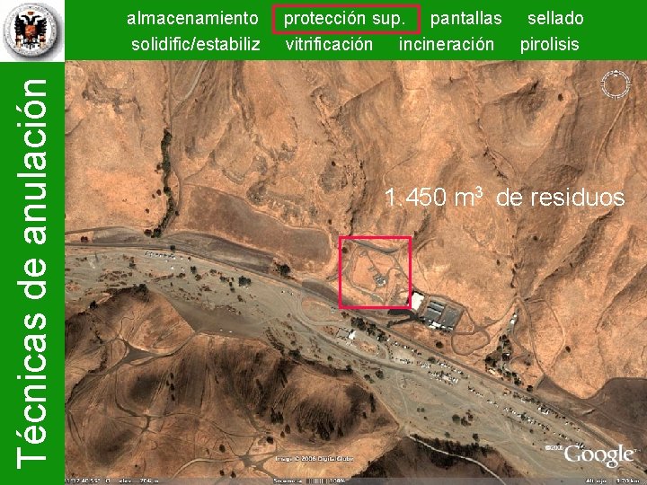 Técnicas de anulación almacenamiento solidific/estabiliz protección sup. pantallas sellado vitrificación incineración pirolisis 1. 450