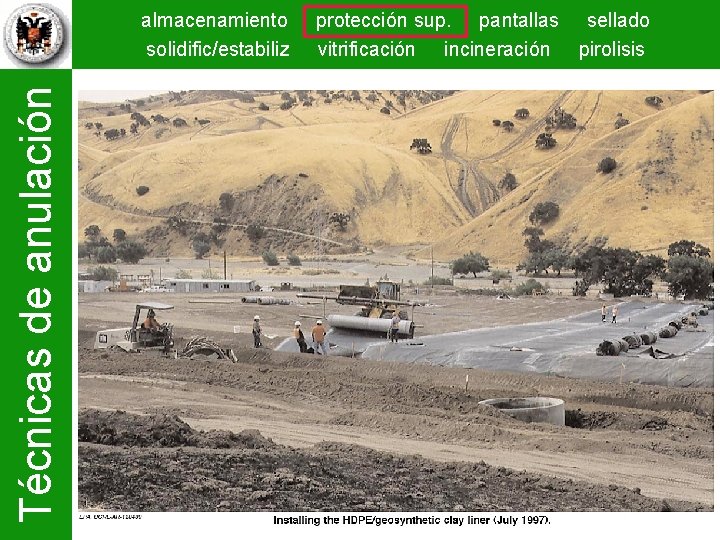 Técnicas de anulación almacenamiento solidific/estabiliz protección sup. pantallas sellado vitrificación incineración pirolisis 