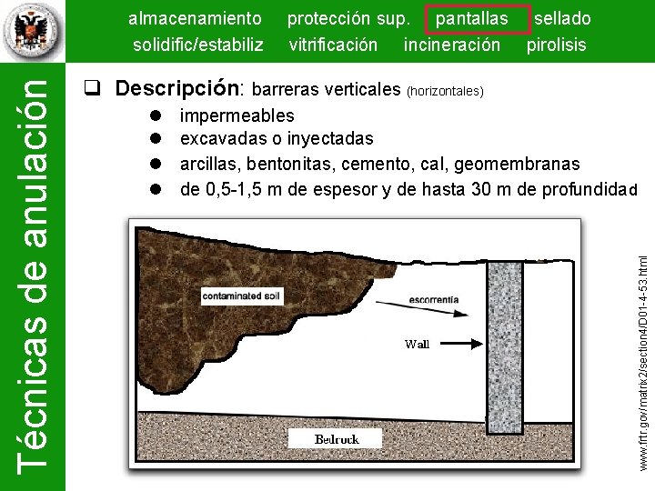 protección sup. pantallas sellado vitrificación incineración pirolisis Descripción: barreras verticales (horizontales) impermeables excavadas o