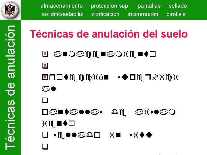 Técnicas de anulación almacenamiento solidific/estabiliz protección sup. pantallas sellado vitrificación incineración pirolisis Técnicas de