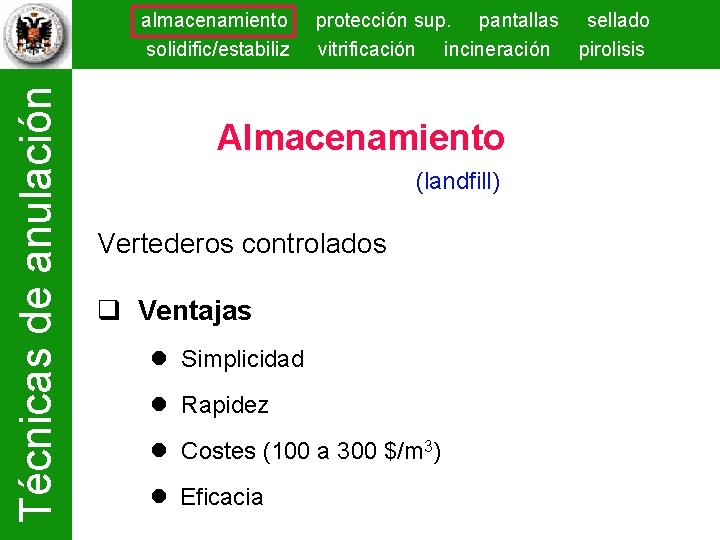 Técnicas de anulación almacenamiento solidific/estabiliz protección sup. pantallas sellado vitrificación incineración pirolisis Almacenamiento (landfill)