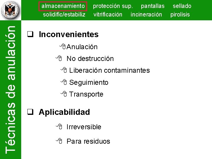 Técnicas de anulación almacenamiento solidific/estabiliz protección sup. pantallas sellado vitrificación incineración pirolisis Inconvenientes Anulación