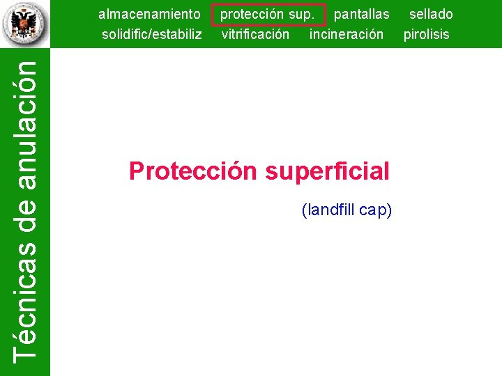 Técnicas de anulación almacenamiento solidific/estabiliz protección sup. pantallas sellado vitrificación incineración pirolisis Protección superficial