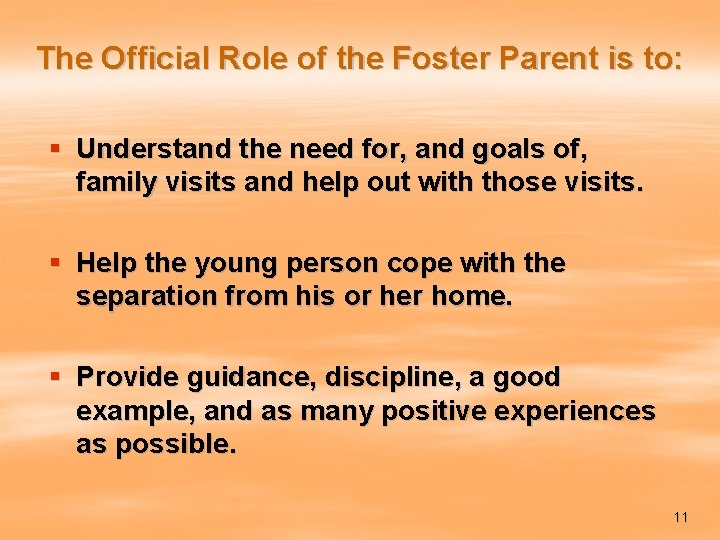 The Official Role of the Foster Parent is to: § Understand the need for,