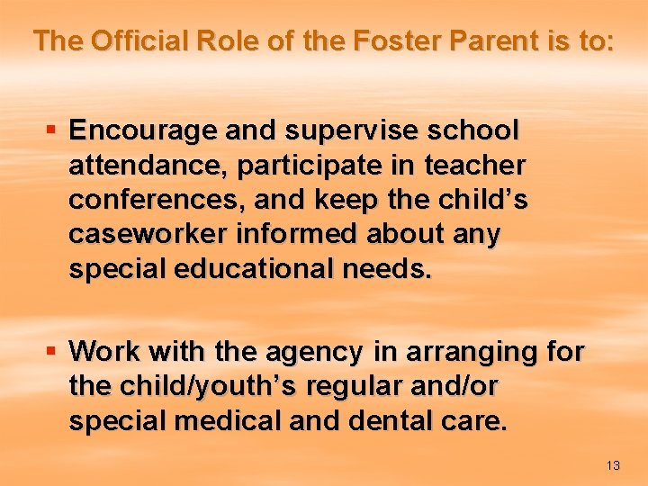 The Official Role of the Foster Parent is to: § Encourage and supervise school
