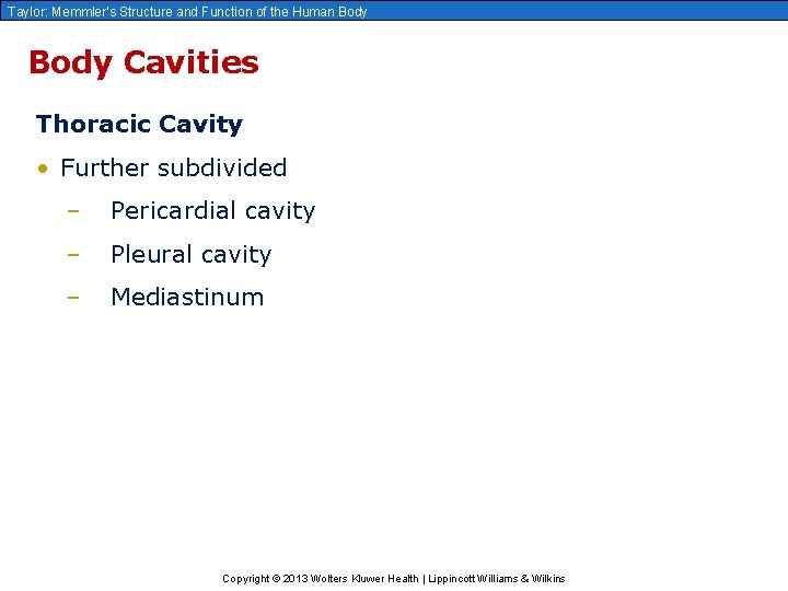 Taylor: Memmler’s Structure and Function of the Human Body Cavities Thoracic Cavity • Further