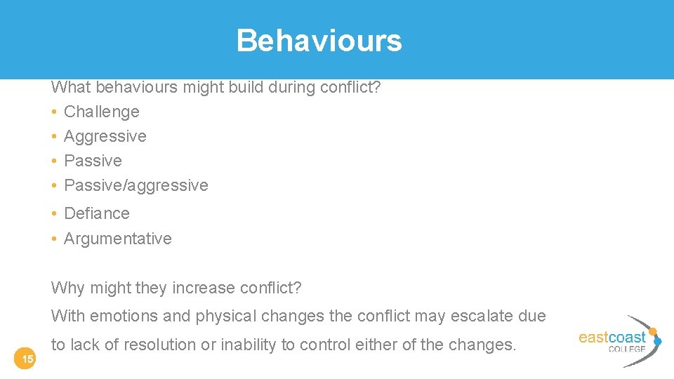 Behaviours What behaviours might build during conflict? • Challenge • Aggressive • Passive/aggressive •