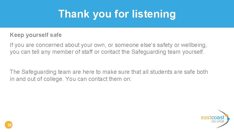 Thank you for listening Keep yourself safe If you are concerned about your own,