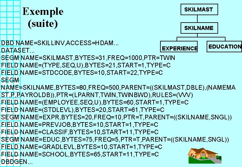 Exemple (suite) SKILMAST SKILNAME DBD NAME=SKILLINV, ACCESS=HDAM. . . EDUCATION EXPERIENCE DATASET. . .