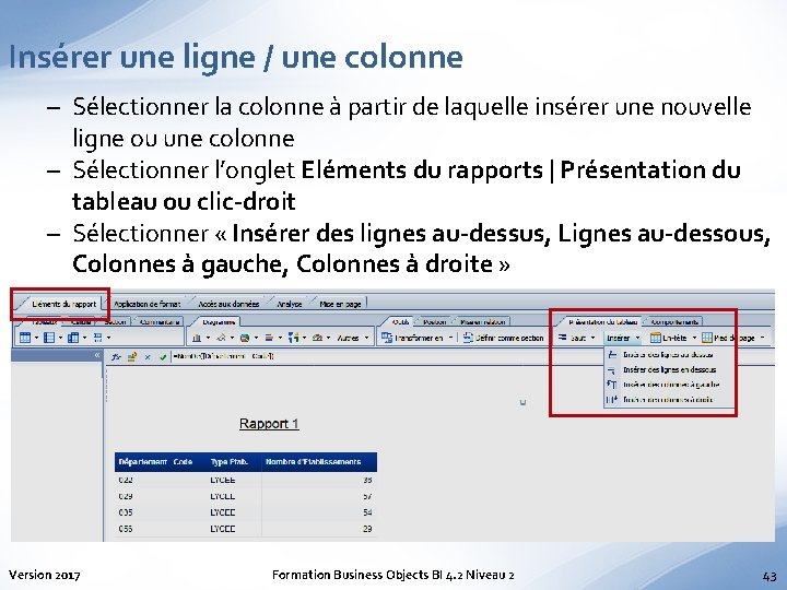 Insérer une ligne / une colonne – Sélectionner la colonne à partir de laquelle