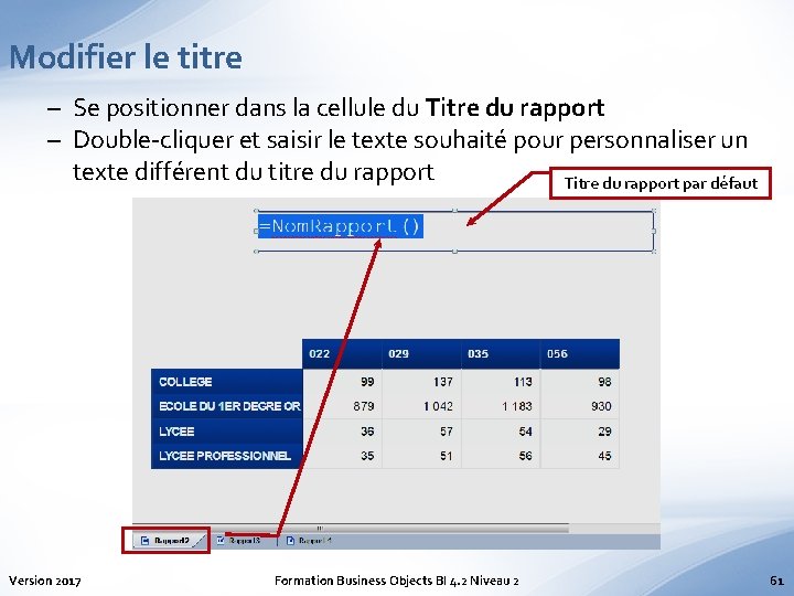 Modifier le titre – Se positionner dans la cellule du Titre du rapport –