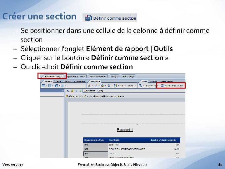 Créer une section – Se positionner dans une cellule de la colonne à définir