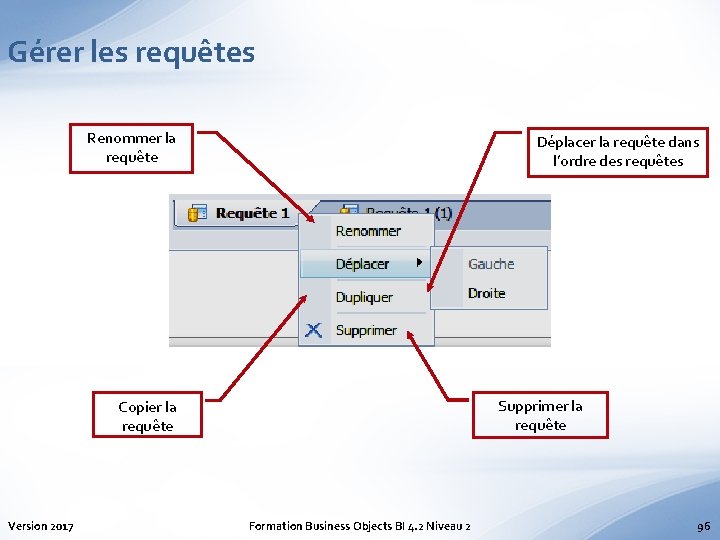 Gérer les requêtes Renommer la requête Déplacer la requête dans l’ordre des requêtes Supprimer