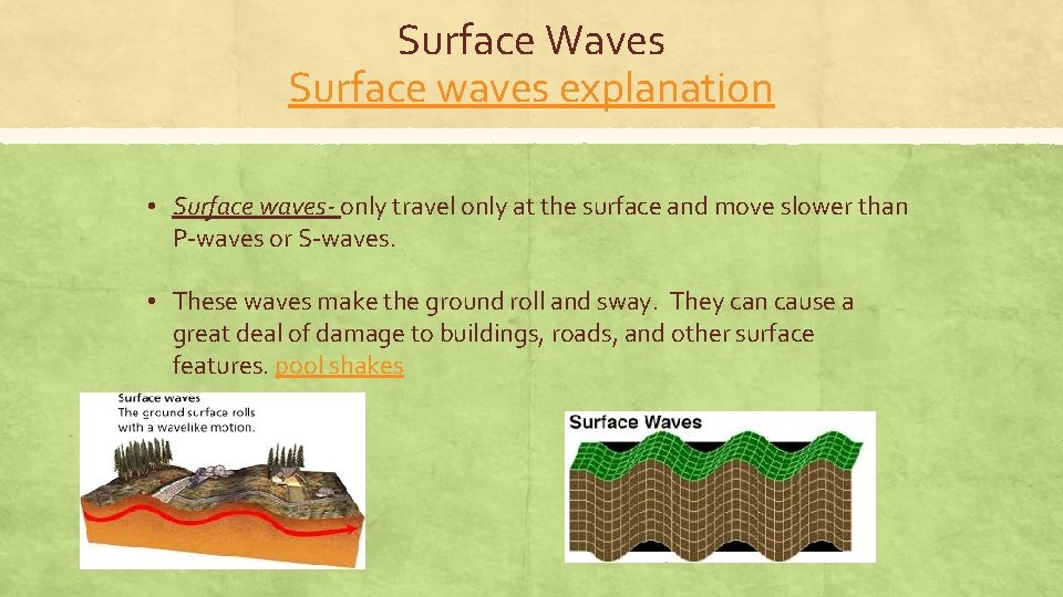 Surface Waves Surface waves explanation • Surface waves- only travel only at the surface