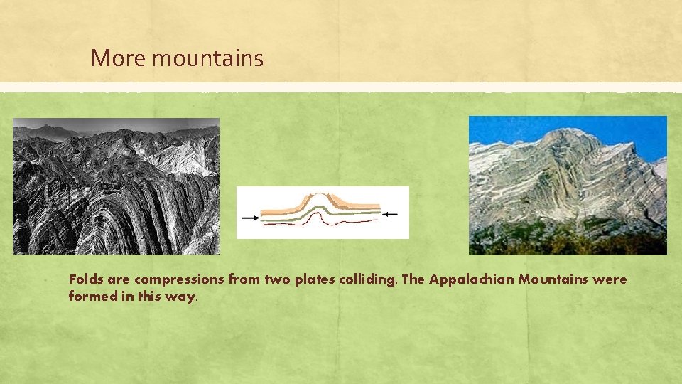More mountains Folds are compressions from two plates colliding. The Appalachian Mountains were formed
