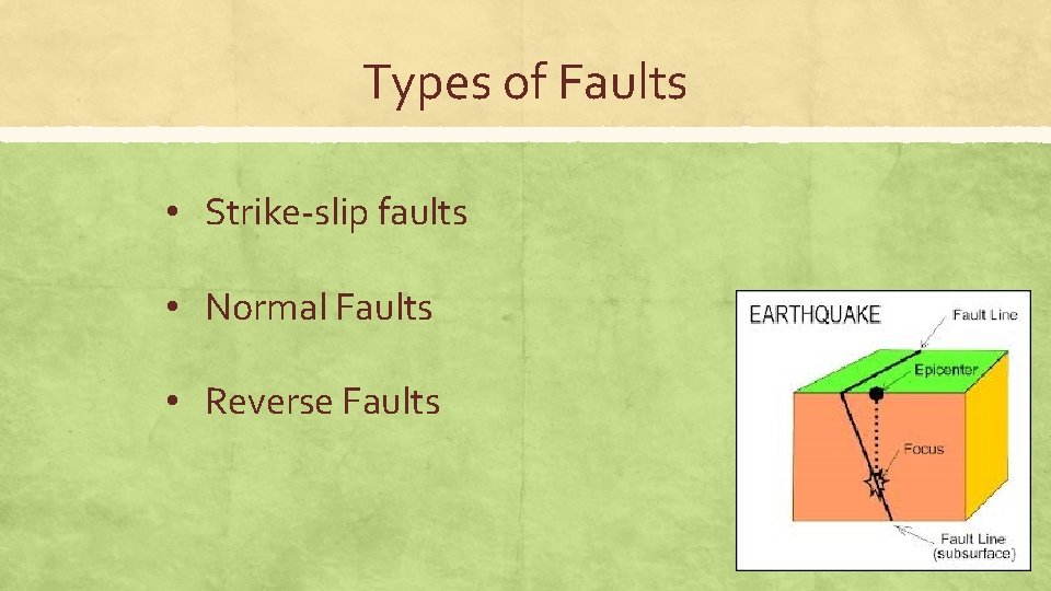 Types of Faults • Strike-slip faults • Normal Faults • Reverse Faults 