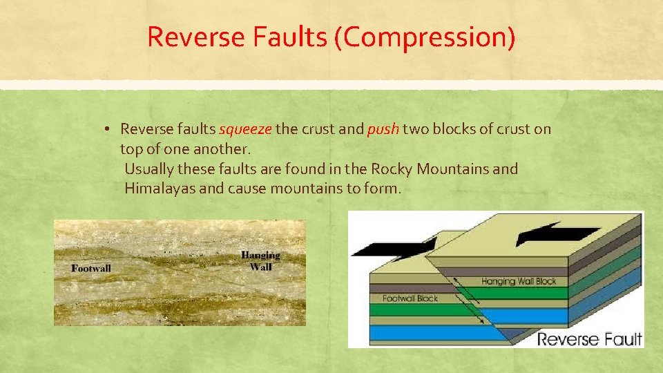 Reverse Faults (Compression) • Reverse faults squeeze the crust and push two blocks of